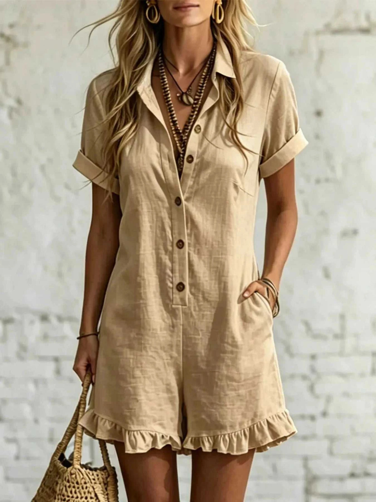 Full Size Button Front Ruffled Hem Romper Plus Size 100100561928017 28 Affordable Fashion Under $100 Jerry's Apparel 