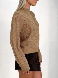 Openwork Round Neck Long Sleeve Sweater