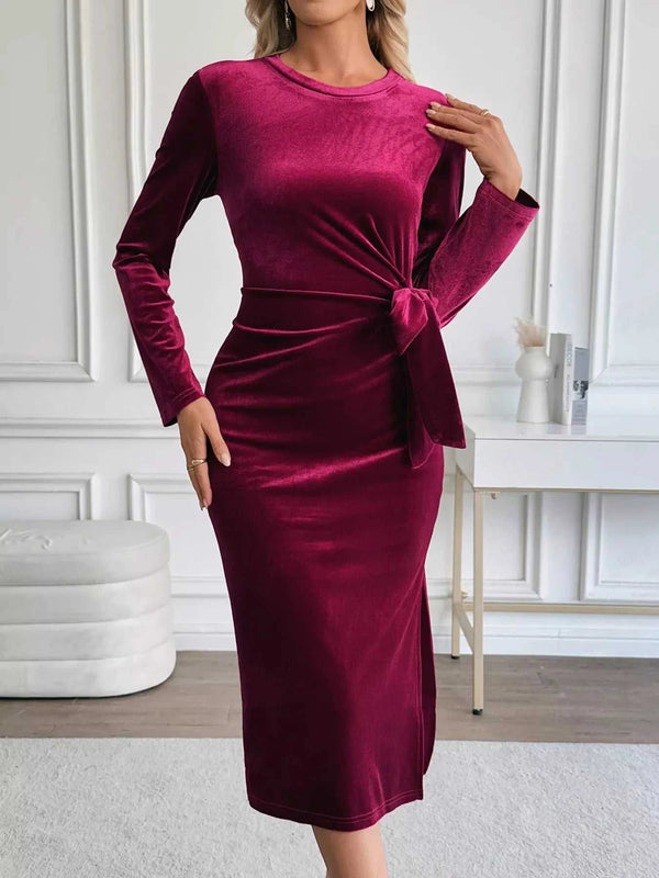 Velvet Slit Round Neck Long Sleeve Dress with Side Tie Detail 100100124814169 37 Affordable Fashion Under $100 Jerry's Apparel 