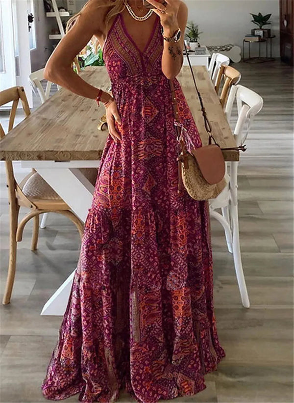 Full Size Printed V-Neck Maxi Cami Dress Plus Size