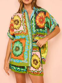 Printed Button Up Shirt and Shorts Set