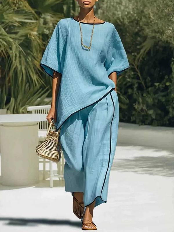 Full Size Contrast Trim Half Sleeve Top and Pants Set Plus Size 100100325884530 45 Affordable Fashion Under $100 Jerry's Apparel 
