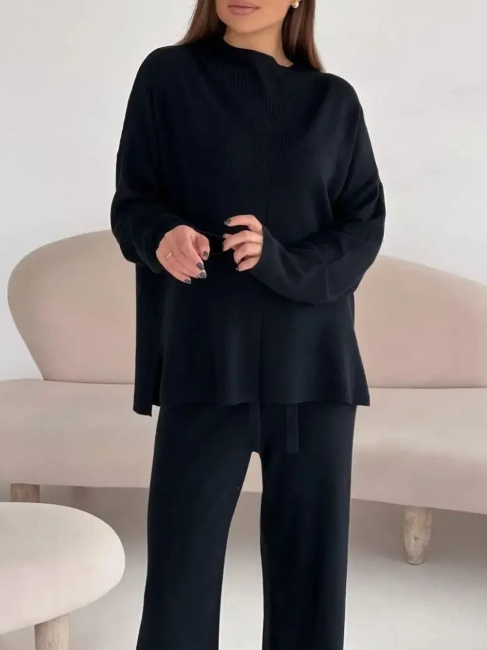 Slit Mock Neck Top and Pants Sweater Set