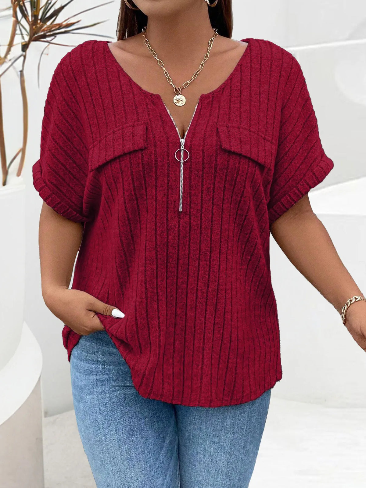 Plus Size Ribbed Half Zip Relaxed Fit T-Shirt
