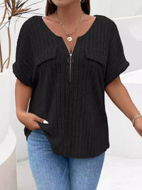 Plus Size Ribbed Half Zip Relaxed Fit T-Shirt