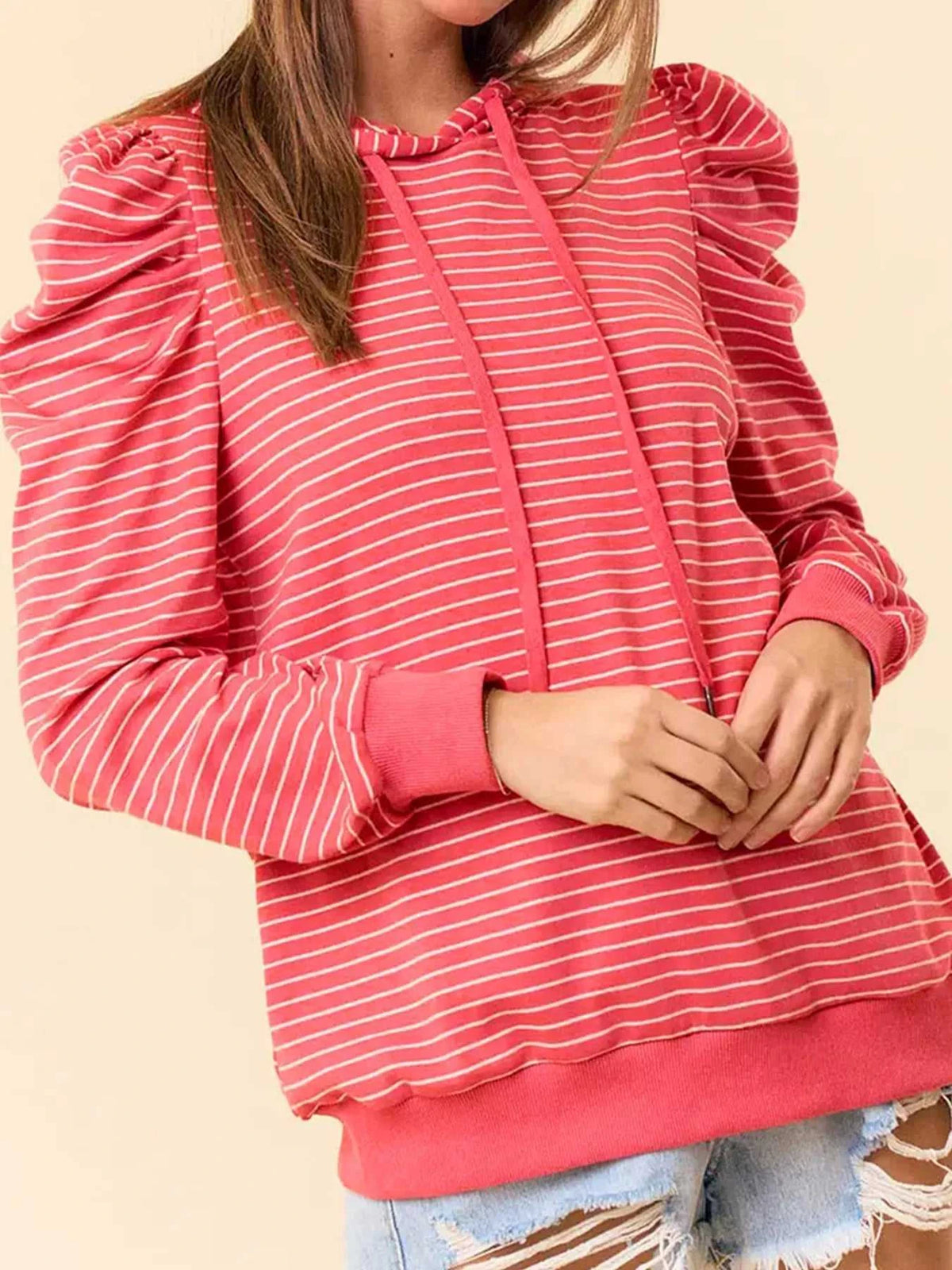 Striped Puff Sleeve Hoodie with Drawstring 100100531994903 47 Affordable Fashion Under $100 Jerry's Apparel 