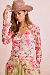 BiBi Floral Shrried Detail Button Up Mesh Cardigan Top 100100970651175 39 Gifts for Her Jerry's Apparel 