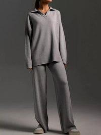Polo Collar Top and Wide-Leg Pants Set 101001876960393 74 Affordable Fashion Under $100 Jerry's Apparel 