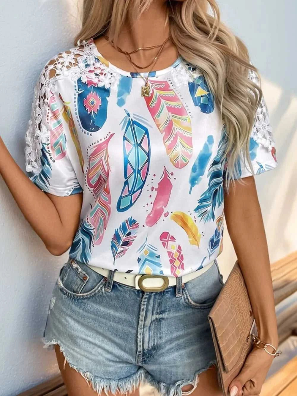 Perfee Printed Round Neck Lace Short Sleeve Top 100100723081664 24 Affordable Fashion Under $100 Jerry's Apparel 
