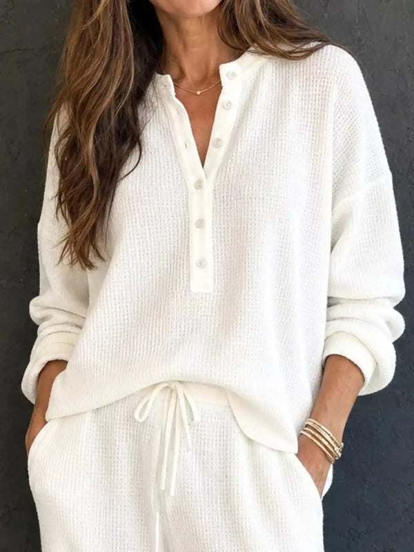 Waffle Knit Button Detail Top and Pants Set 101001629020741 57 Gifts for Her Jerry's Apparel 