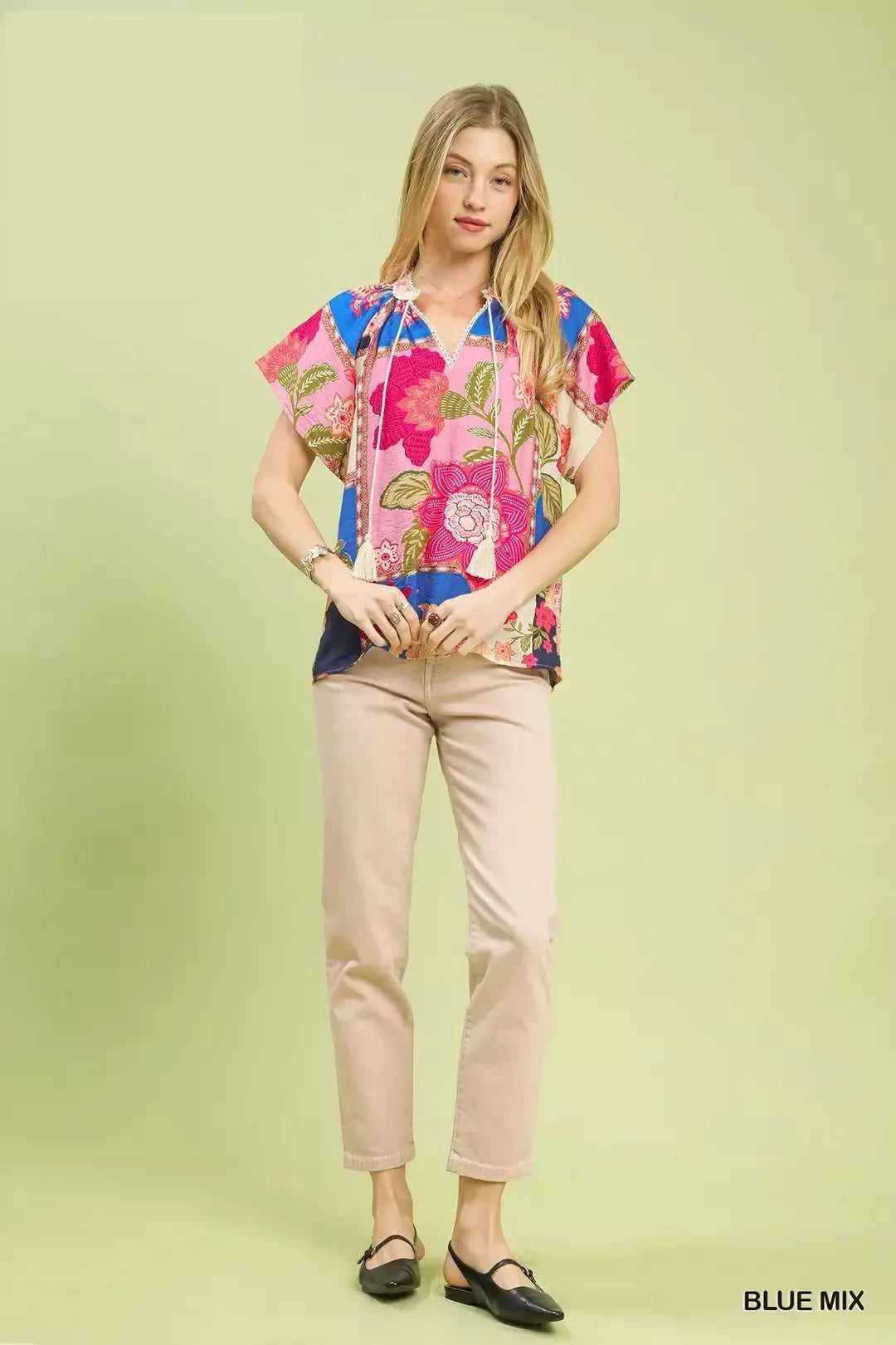 Umgee Mix Floral Patchwork Tassel Tie Top 100100036551552 45 Affordable Fashion Under $100 Jerry's Apparel 