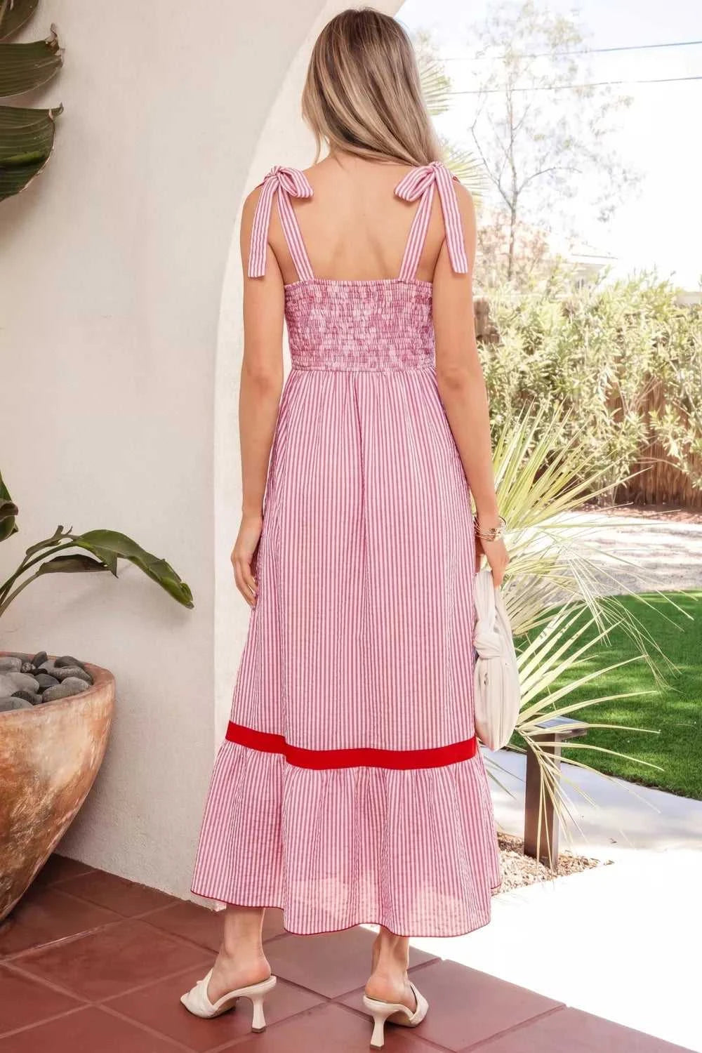Stripe Bow Knot Straps Contrast Trim High Waist Ruffle Hem Maxi Dress 100100480806039 52 Gifts for Her Jerry's Apparel 