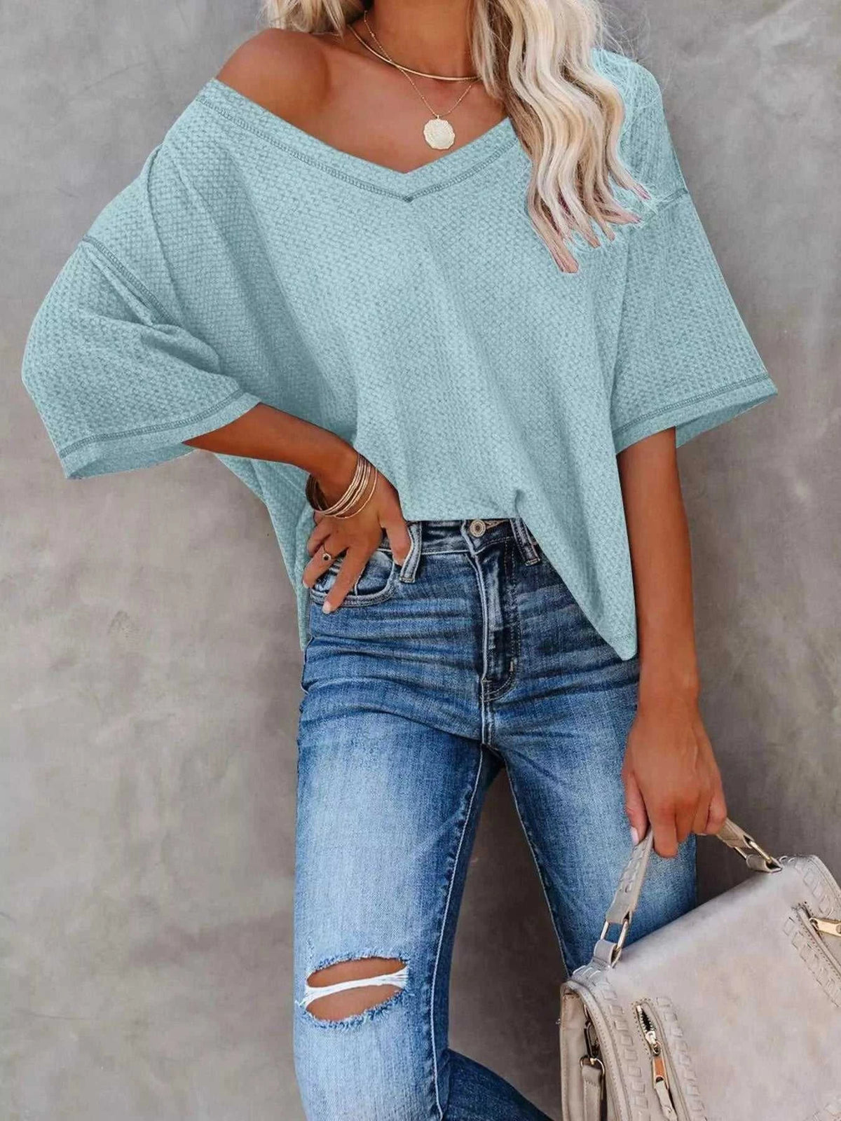 Waffle Knit V-Neck Short Sleeve T-Shirt 100100993990875 26 Affordable Fashion Under $100 Jerry's Apparel 