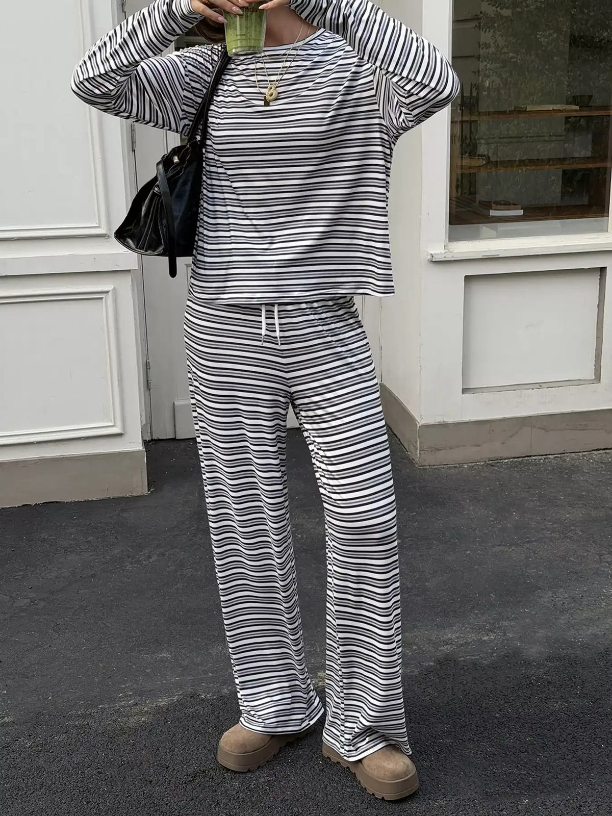 Striped Casual Long Sleeve Top and Wide Leg Pants Set 100100555687652 52 Affordable Fashion Under $100 Jerry's Apparel 