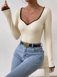 Ribbed Sweetheart Neckline Contrast Trim Long Sleeve Bodysuit 100100113781408 27 Affordable Fashion Under $100 Jerry's Apparel 