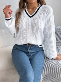 V-Neck Cable Knit Sweater with Striped Trim 101002502315459 35 Affordable Fashion Under $100 Jerry's Apparel 