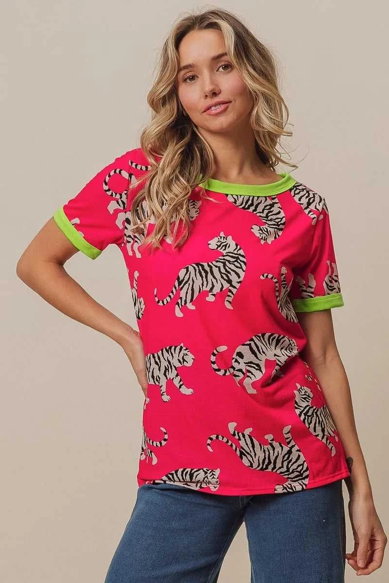 BiBi Big Tiger Print Jersey Contrast Ringer Top 100100215151725 27 Affordable Fashion Under $100 Jerry's Apparel 