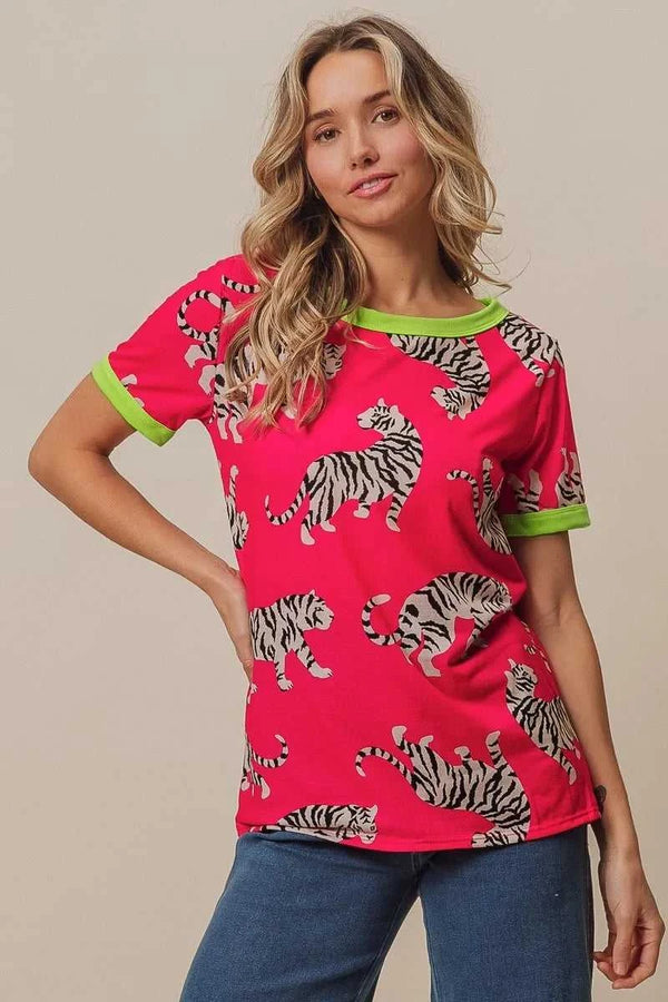 BiBi Big Tiger Print Jersey Contrast Ringer Top 100100215151725 27 Affordable Fashion Under $100 Jerry's Apparel 