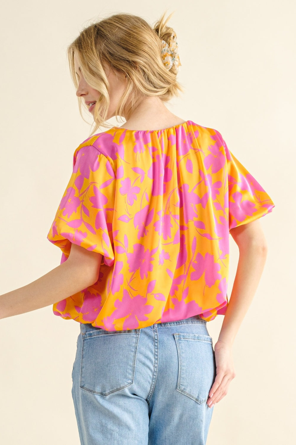 Full Size Printed Satin Bubble Hem Top