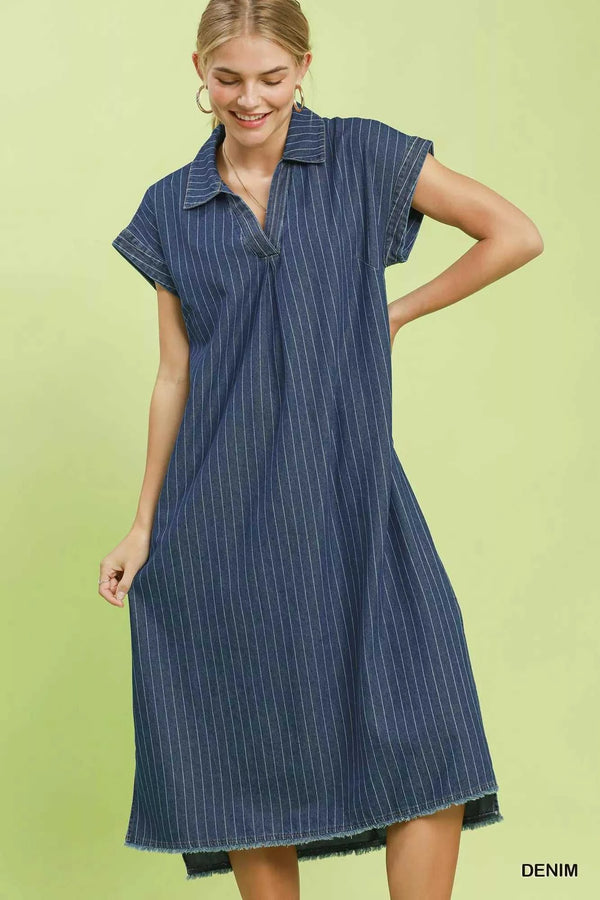 Umgee Pinstripe Denim Collared Midi Dress with Side Slits 100100970061245 66 Affordable Fashion Under $100 Jerry's Apparel 