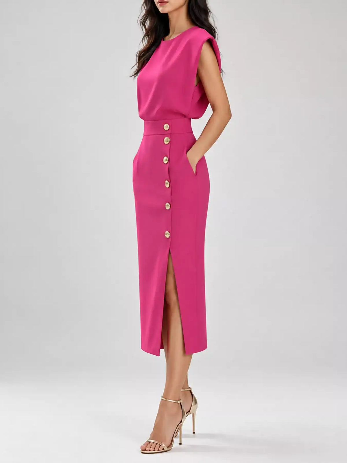 Sleeveless Midi Dress with Gold Button Detail and Side Slit 101001590890082 42 Affordable Fashion Under $100 Jerry's Apparel 