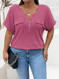 Plus Size Ribbed Half Zip Relaxed Fit T-Shirt