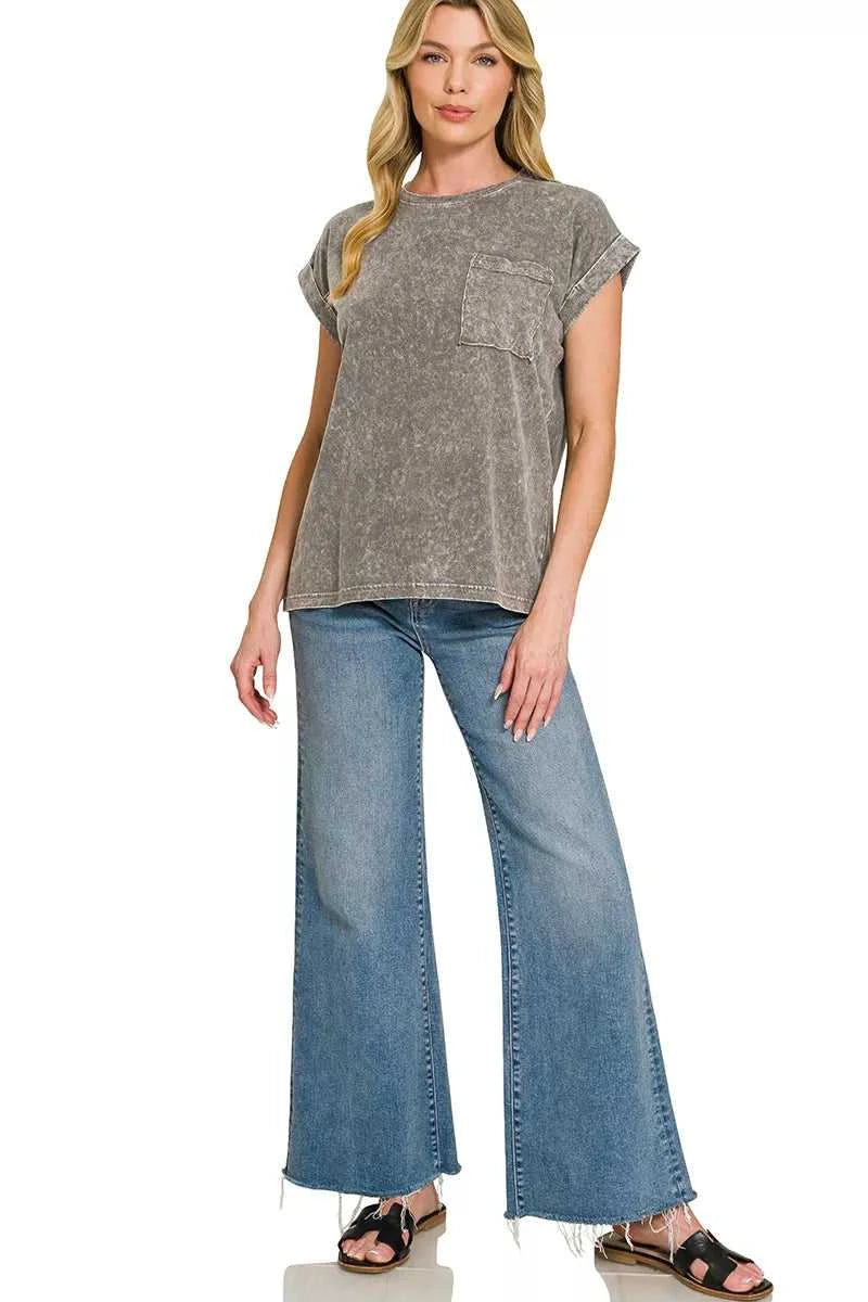 Zenana Halo Snow Washed Cuffed Short Sleeve Tee 100100051871413 23 Affordable Fashion Under $100 Jerry's Apparel 