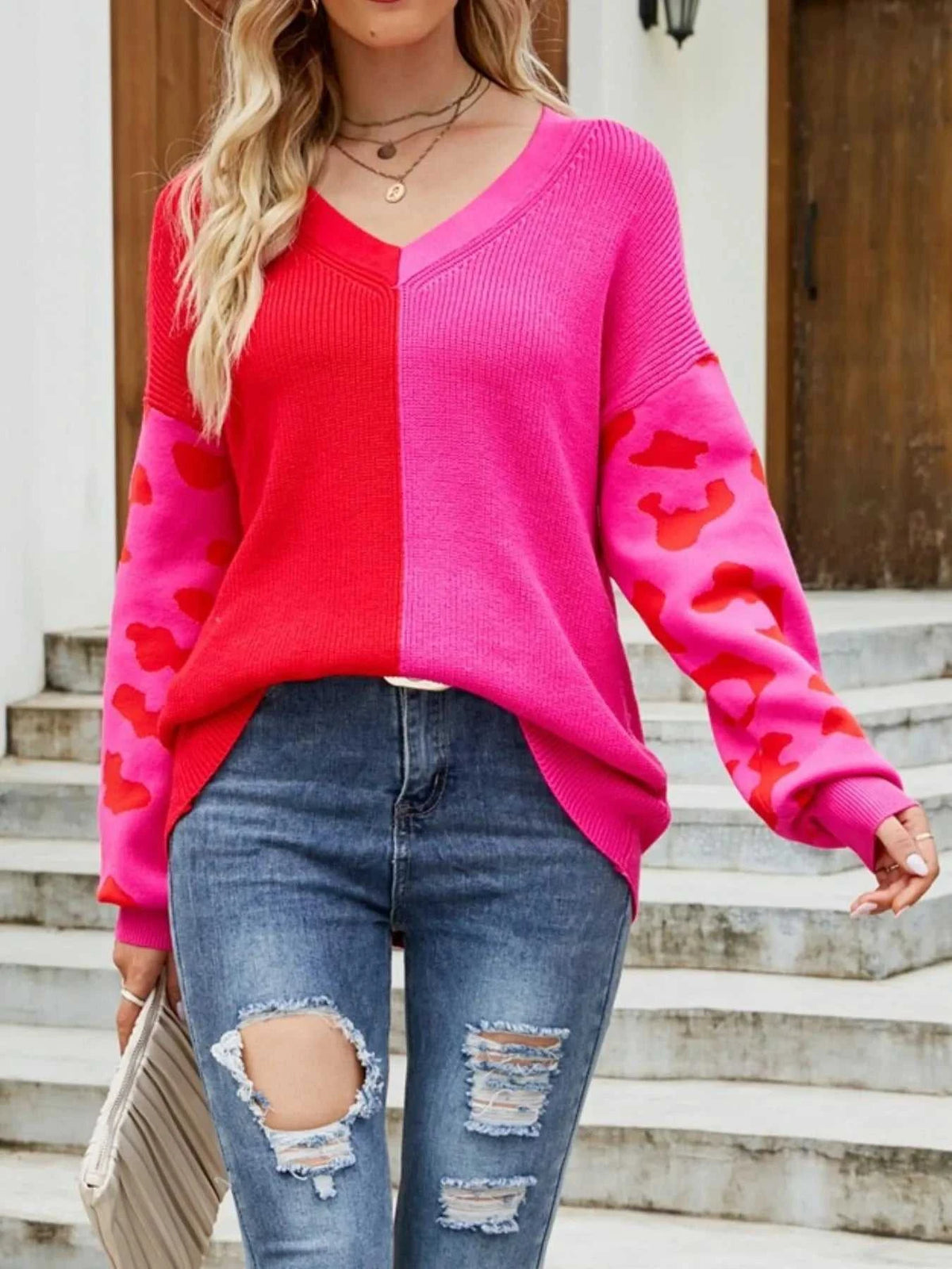 Color Block Leopard V-Neck Sweater 100100795631959 48 Affordable Fashion Under $100 Jerry's Apparel 