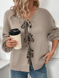 Perfee Tied Contrast Heart V-Neck Long Sleeve Cardigan