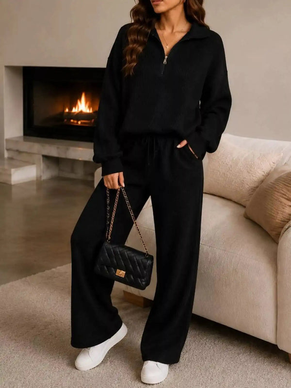 Cozy Ribbed Knit Quarter-Zip Top and Wide-Leg Set 101001505411513 59 Affordable Fashion Under $100 Jerry's Apparel 