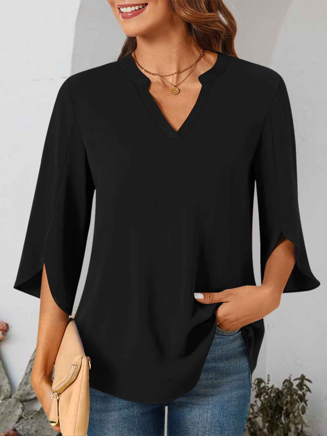 Notched Slit Half Sleeve Blouse