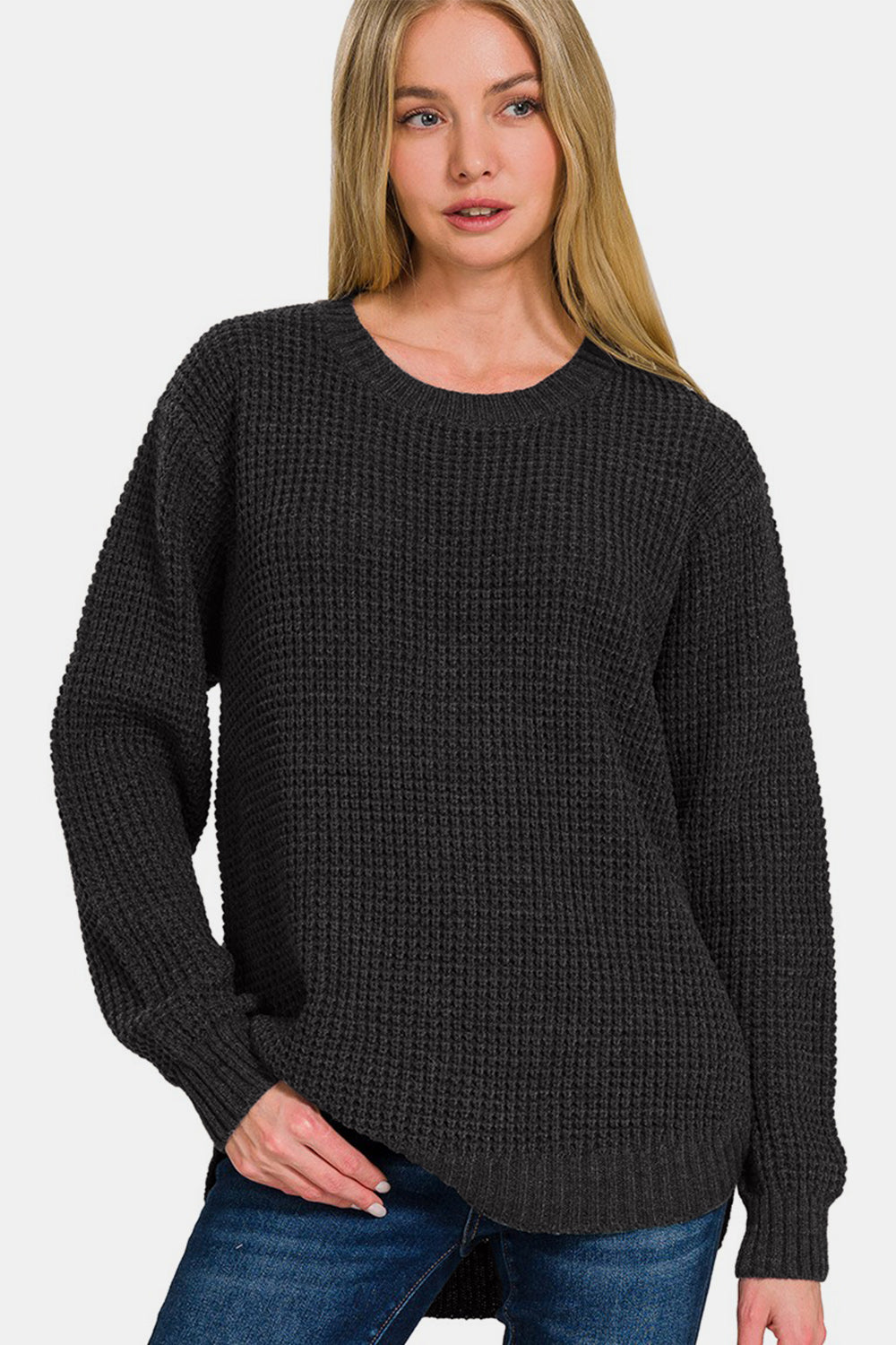 High Low Long Sleeve Waffle Sweater