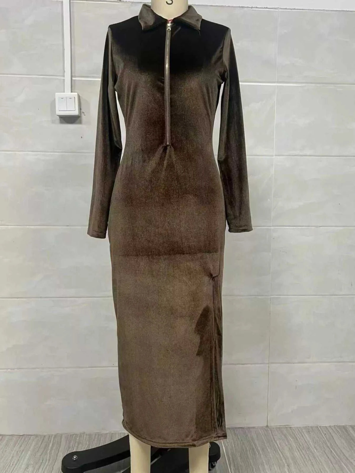 Velvet Zip-Front Slit Midi Dress 100100368325428 56 Affordable Fashion Under $100 Jerry's Apparel 