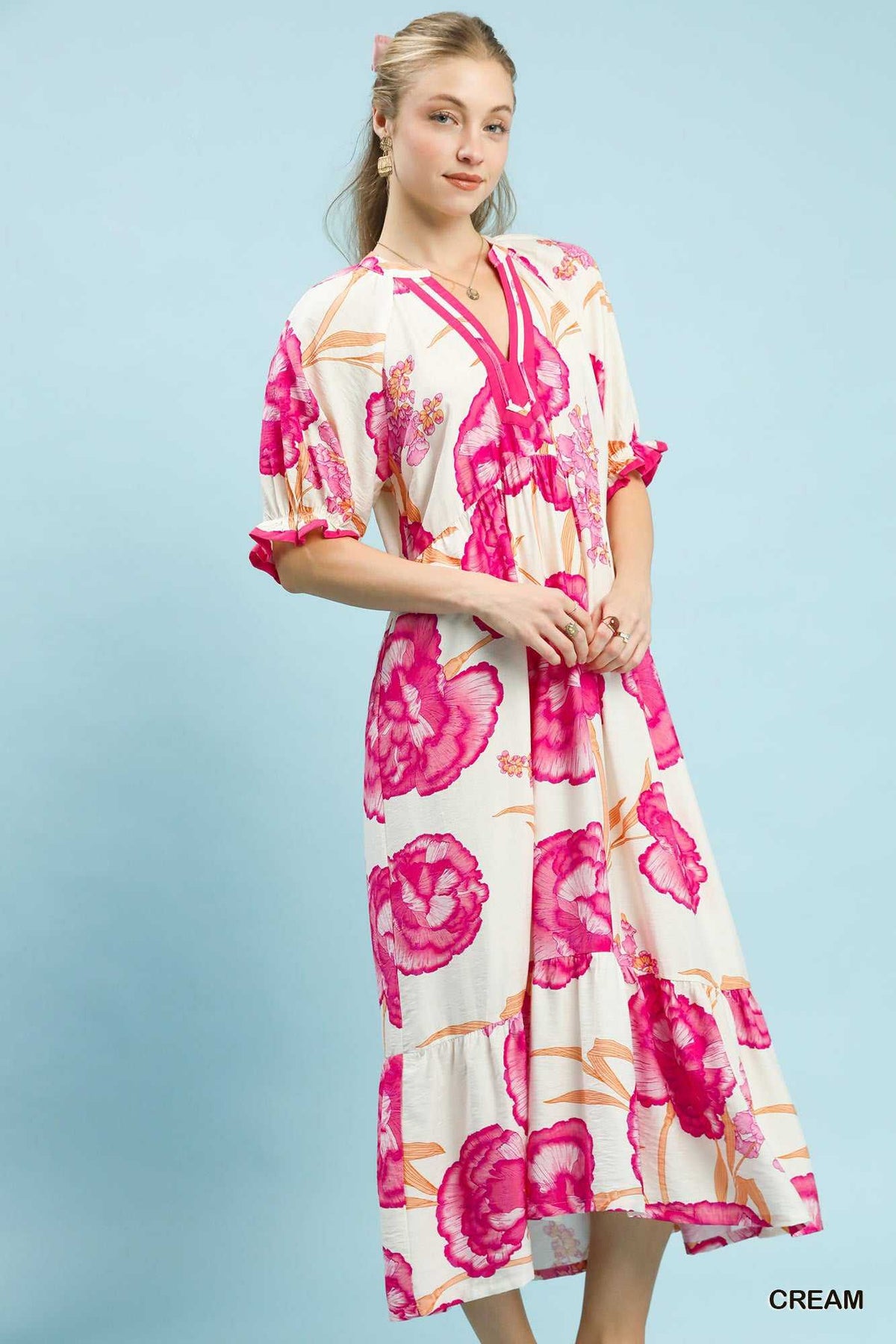 Umgee Floral Print Midi Dress with Contrast Trim 100100882381604 61 Affordable Fashion Under $100 Jerry's Apparel 