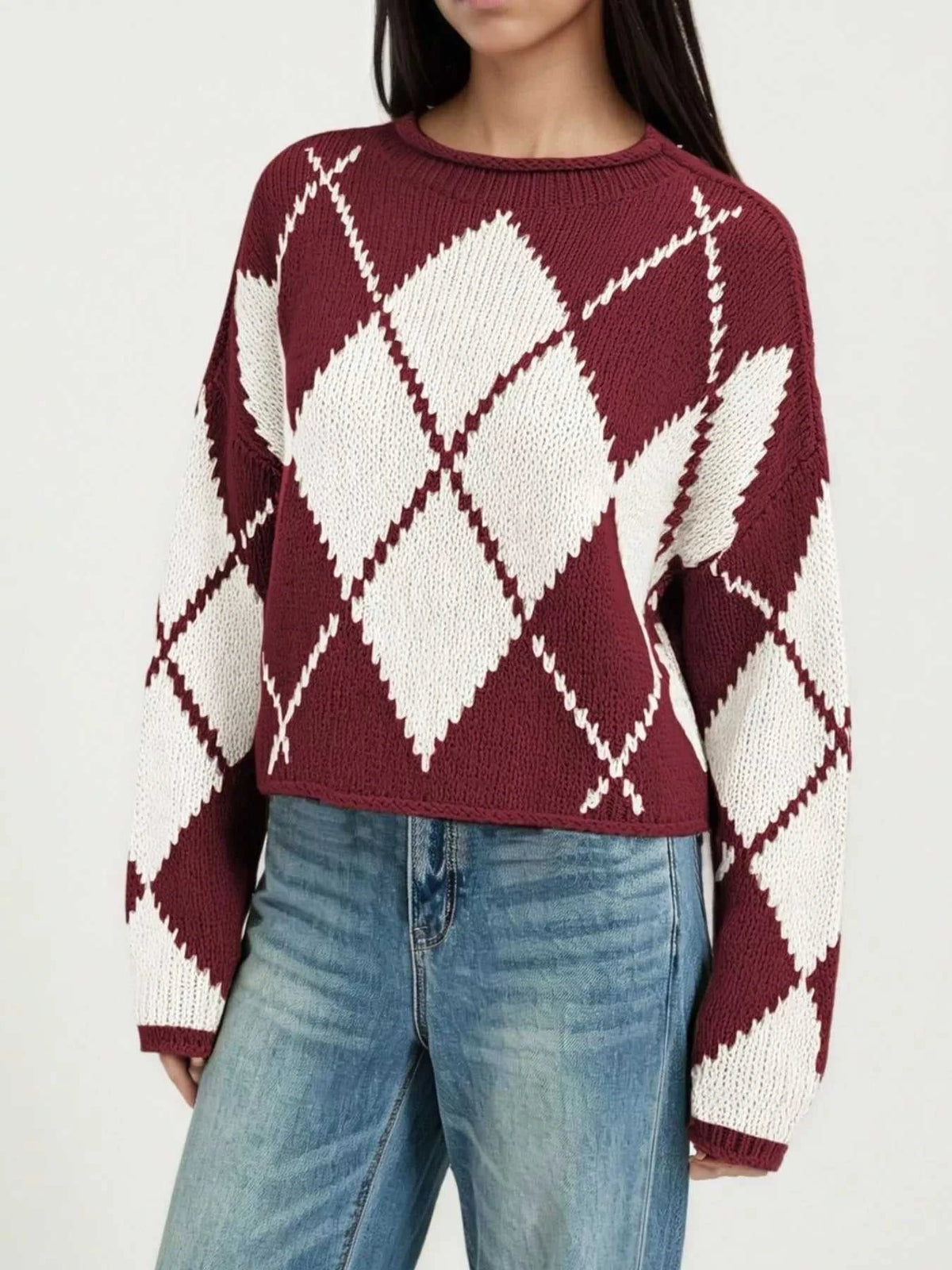 Argyle Pattern Knit Dropped Shoulder Sweater 100100844660276 45 Affordable Fashion Under $100 Jerry's Apparel 