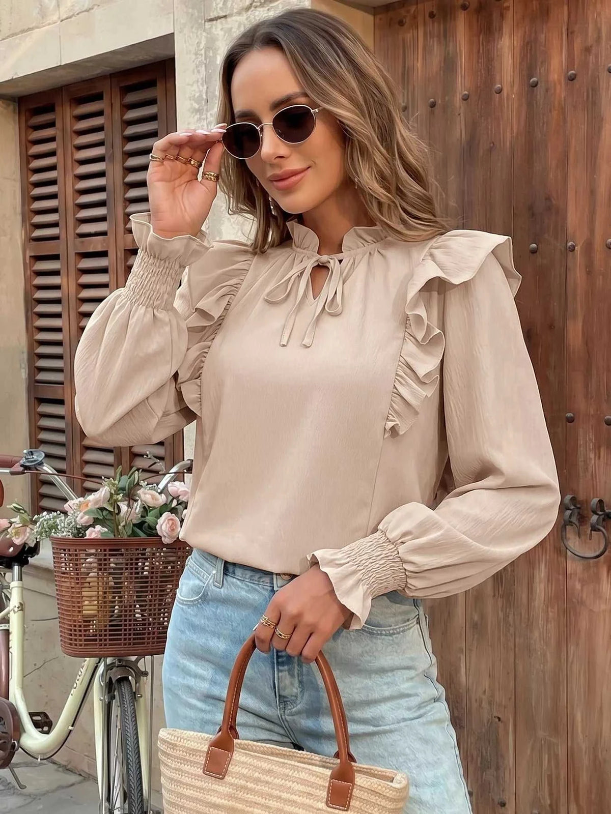Ruffled Tie Neck Long Sleeve Blouse 100100259171862 36 Jerry's Apparel 