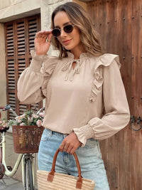 Ruffled Tie Neck Long Sleeve Blouse 100100259171862 36 Jerry's Apparel 