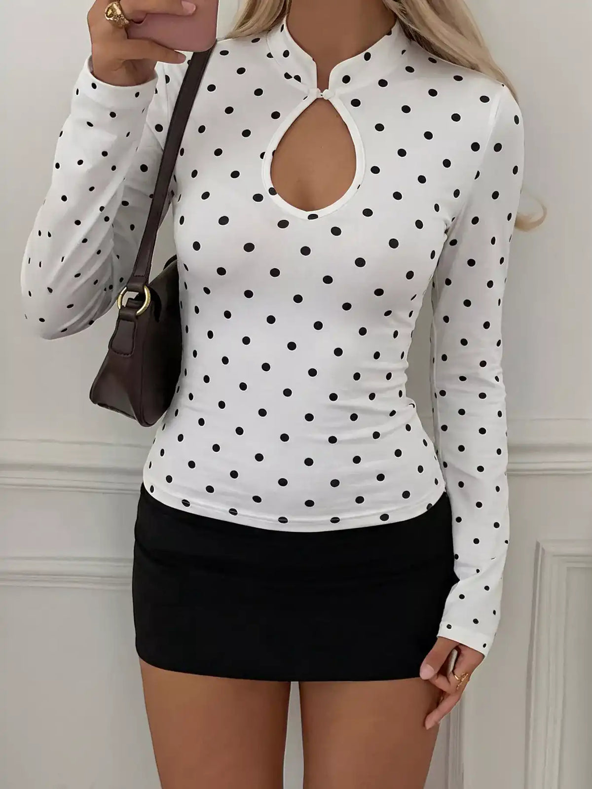 Polka Dot Keyhole Long Sleeve Slim Fit T-Shirt 101001594015640 32 Affordable Fashion Under $100 Jerry's Apparel 
