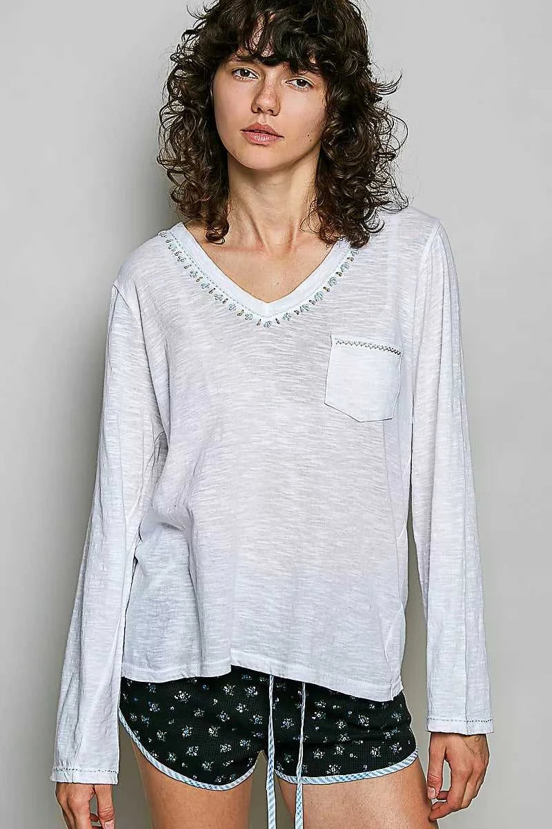 POL Contrast Hand-Stitch V-Neck Lightweight Knit Long Sleeve Top 100100786331083 43 Affordable Fashion Under $100 Jerry's Apparel 