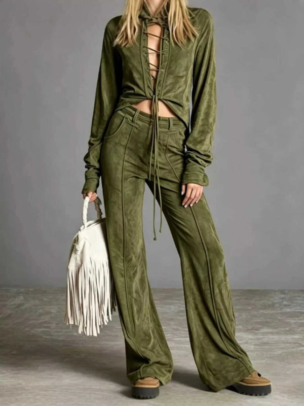 Full Size Lace-Up Long Sleeve Top and Wide-Leg Pants Set Plus Size 101001057963261 65 Affordable Fashion Under $100 Jerry's Apparel 