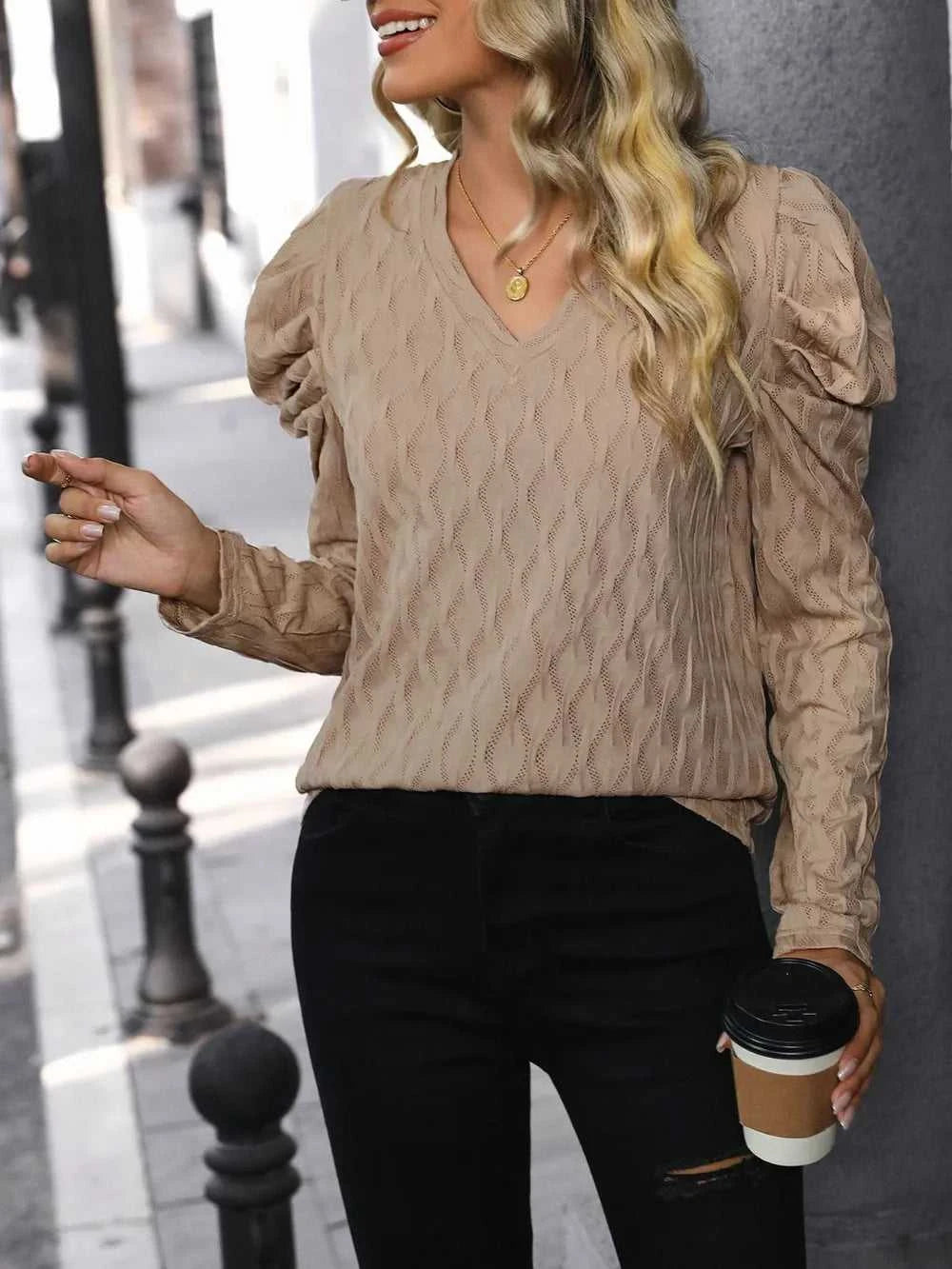 Perfee Textured V-Neck Long Sleeve Top 100100653201685 36 Affordable Fashion Under $100 Jerry's Apparel 