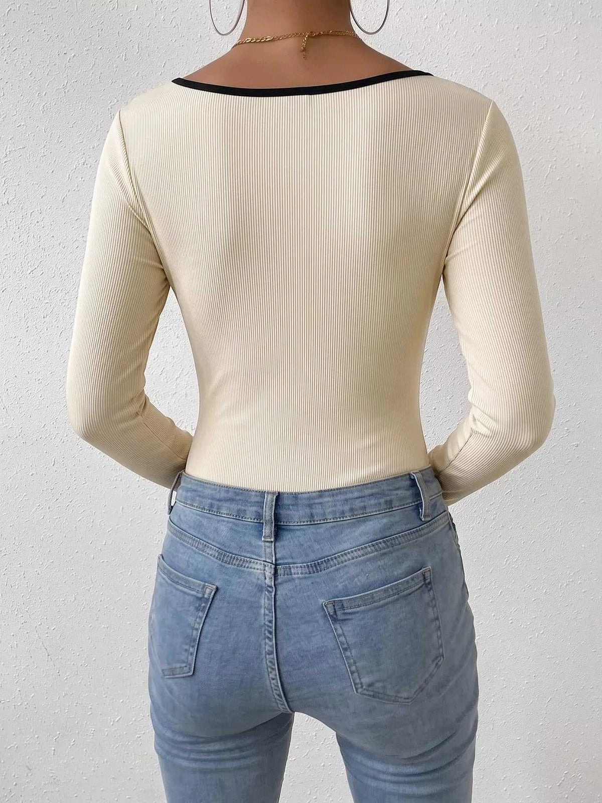 Ribbed Sweetheart Neckline Contrast Trim Long Sleeve Bodysuit 100100113781408 27 Affordable Fashion Under $100 Jerry's Apparel 