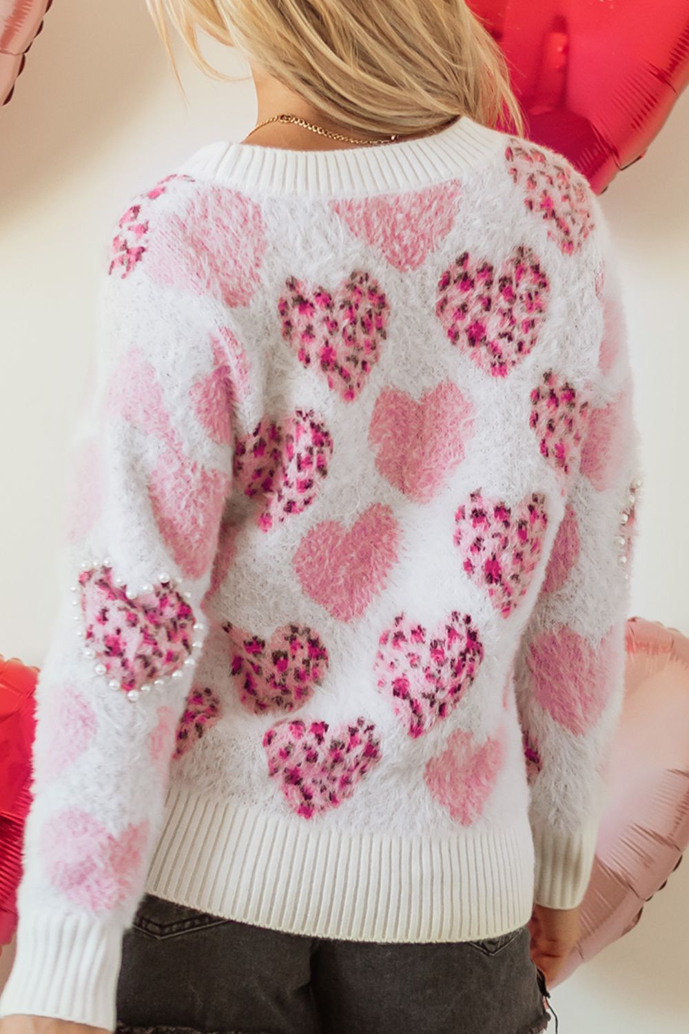 Pearl Detail Heart Round Neck Sweater