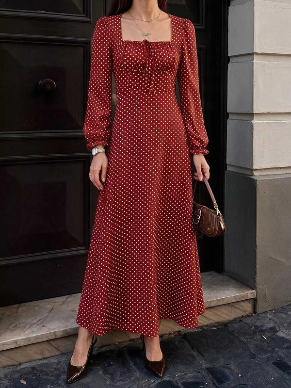 Square Neck Polka Dot Long Sleeve Maxi Dress 101001463928082 48 Affordable Fashion Under $100 Jerry's Apparel 