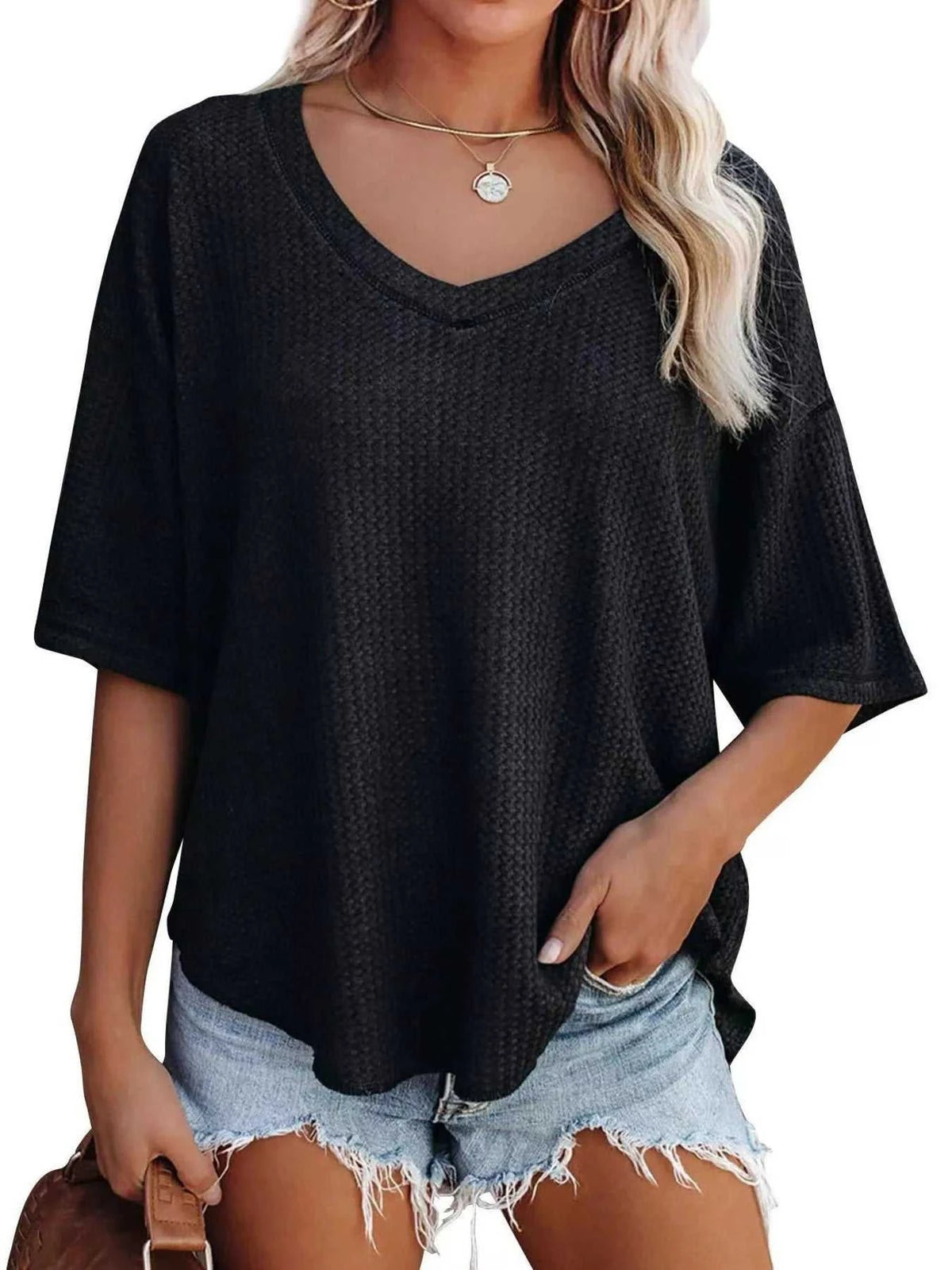 Waffle Knit V-Neck Short Sleeve T-Shirt 100100993990875 26 Affordable Fashion Under $100 Jerry's Apparel 