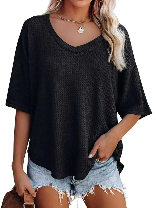 Waffle Knit V-Neck Short Sleeve T-Shirt 100100993990875 26 Affordable Fashion Under $100 Jerry's Apparel 