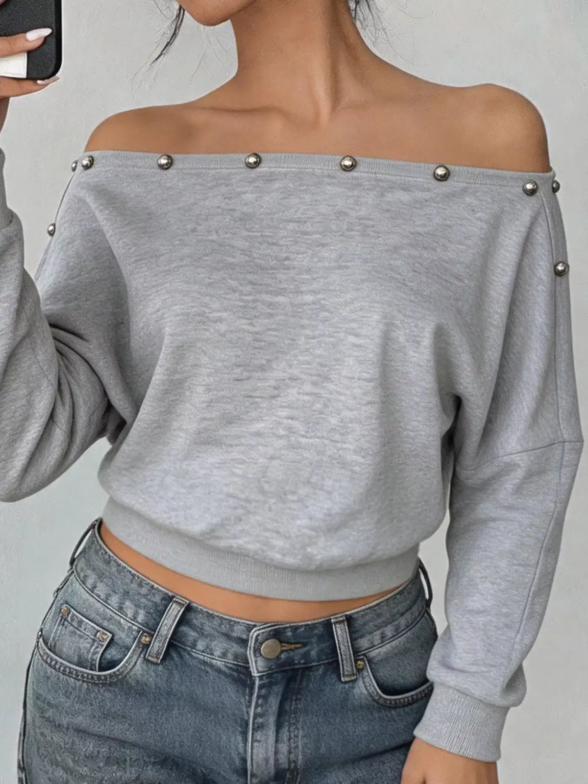 Studded Off Shoulder Long Sleeve T-Shirt 101001169495507 50 Affordable Fashion Under $100 Jerry's Apparel 