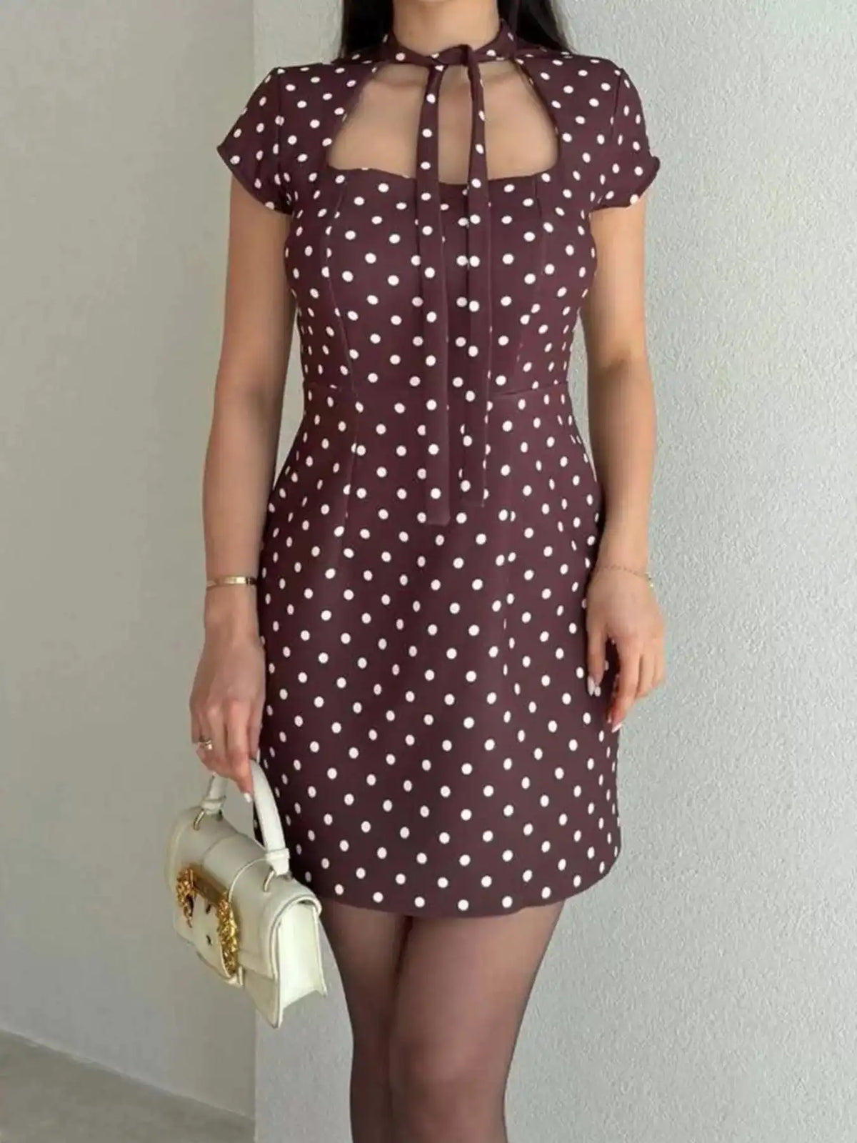 Full Size Polka Dot Tie-Neck Bodycon Mini Dress Plus Size 101001424400564 34 Gifts for Her Jerry's Apparel 