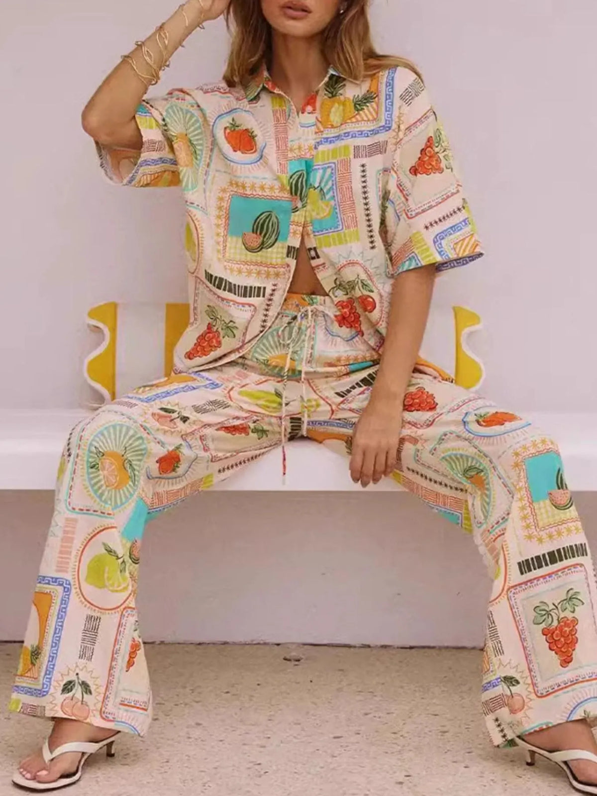 Printed Button Up Shirt and Pants Set