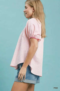 Umgee Checker Puff Sleeve Button Front Blouse 100100610821968 49 Affordable Fashion Under $100 Jerry's Apparel 
